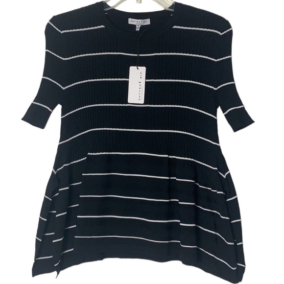 - NWT Anthropologie Black White Current Air Stripe Babydoll Peplum Top Rib Knit - Picture 2 of 9